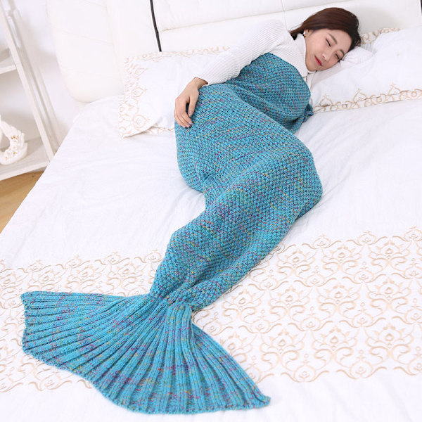 Uldfilt Havfrue Tæppe Strikket Tæppe Havfruehale Tæppe Cover 湖蓝色 湖蓝色 90*180cm