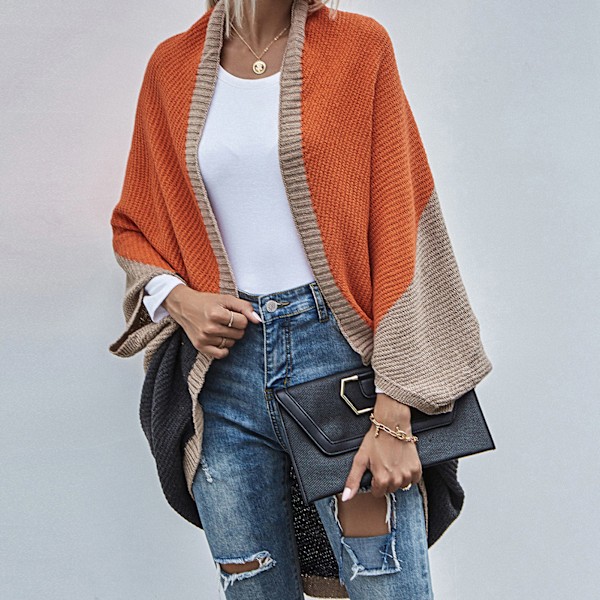 Damfärgblock Sjal Wrap Öppen Front Lättvikts Tröja för Höst & Vinter - Orange orange m