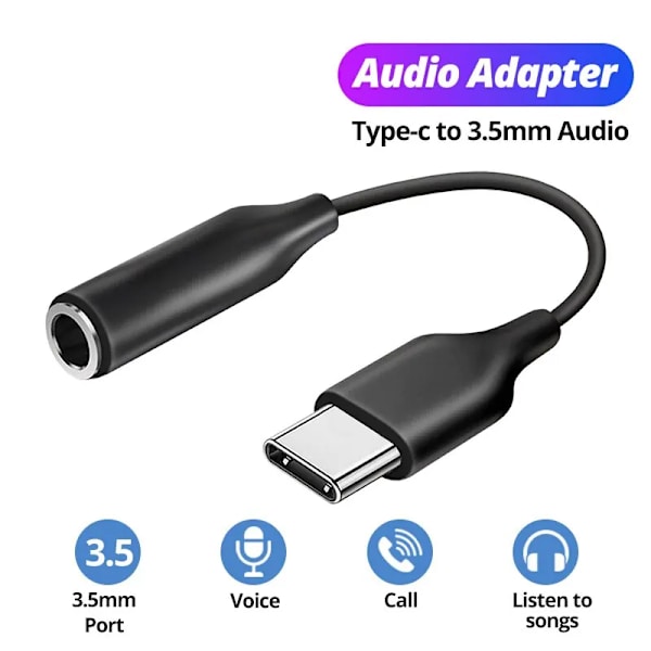 USB Type-C til 3,5 mm Jack Kabel, Headset Adapter, Konverter til Samsung, Huawei, Xiaomi Black