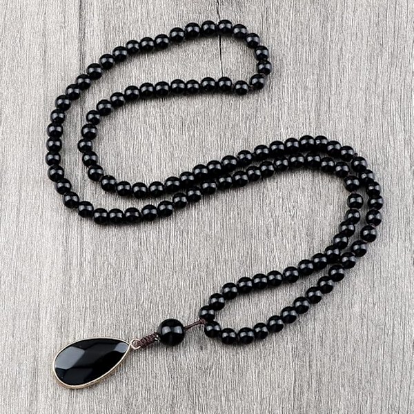 Svart Obsidian Halsband: Mala Beads-Hänge, Buddhistiska Smycken