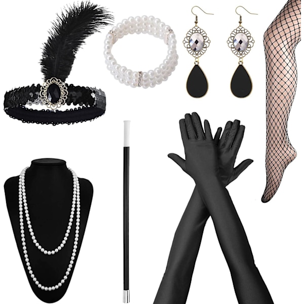 1920-luvun naisten asusteet, Gatsby-asusteet naisille, 20-luvun teemasetti, pannat, pitkät mustat hanskat, kaulakorut, korvakorut, cosplay
