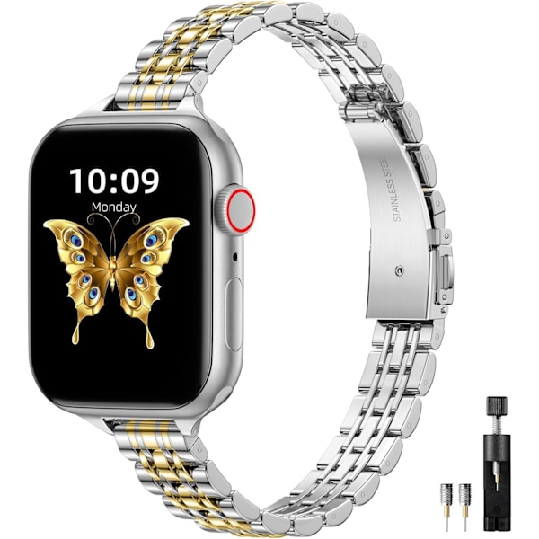 Metallrem kompatibel med Apple Watch 41mm 40mm 38mm, justerbar for iWatch Series 9 8 7 6 5 4 3 2 1 SE 2/1 Ultra 2/1, sølv/guld