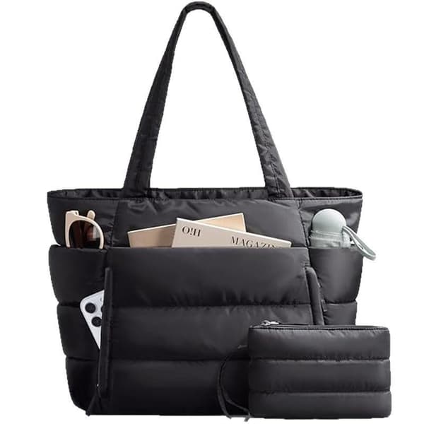 Stor Puffer-tygväska för kvinnor med 15,6-tums laptopfack, 20L-FA- White