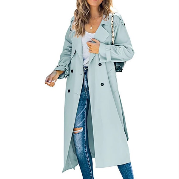 Dobbelknappet lang trenchcoat for kvinner, vindtett klassisk tynn overjakke GRØNN GREEN 2XL