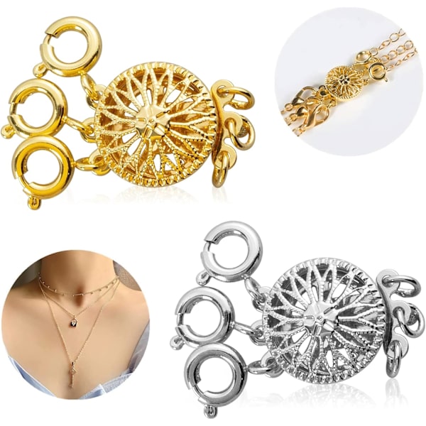 2-pack skiktade halsband distanslås, 3-strängade flerskiktade halsband separatorer (guld & silver)