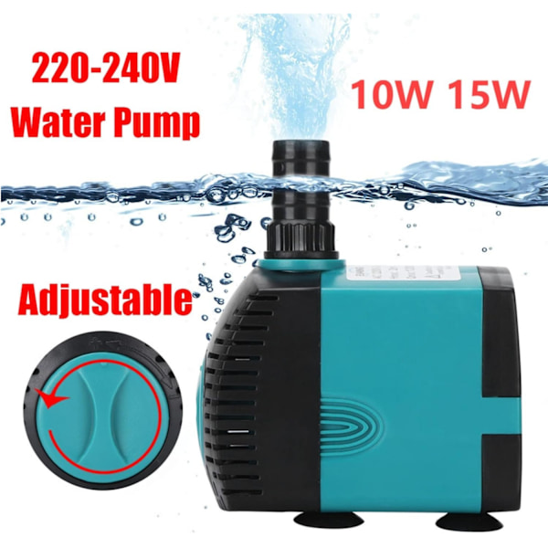 Stille nedsænkelig vandpumpe - 220V-240V, 10W/15W akvarievandpumpe til springvand, filter, fiskedam. Sidesugning, perfekt til tanke 10W