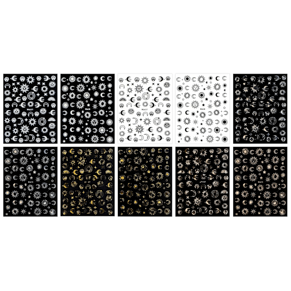 10 ark Moon Star Sun Nail Art Stickers Dekaler Självhäftande Färgglada Rose Gold Nail Supplies Nail Art Design Dekoration Tillbehör 1pc
