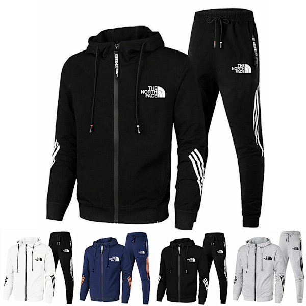 Herr \"The North Face\" Trykt Treningsoverall Sett Glidelås Hoodie Jakke Joggebukser Sportsklær Antrekk Lys Grå Light Grey L