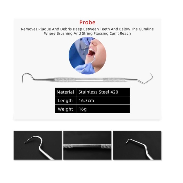 Tandplejesæt med 4 rustfrit stål tandstensfjerner, tandlæge