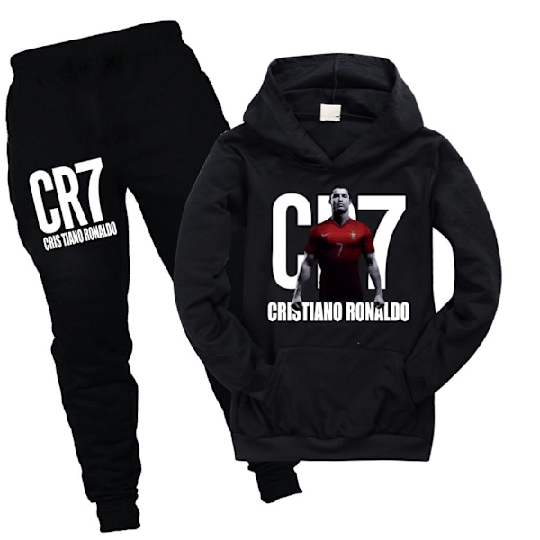 CR7 Ronaldo Pojkträningsdräkt Fotboll Hoodie Sweatshirt Huvtröja Toppar+Byxor Outfits Svart Black 160cm