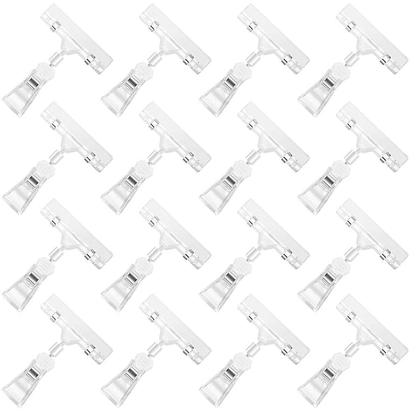 16 stk. klare skilteklemmer, plastskiltholder, stativ, drejelige prisklemmer, tøjstativ, skilte, tag, tøj