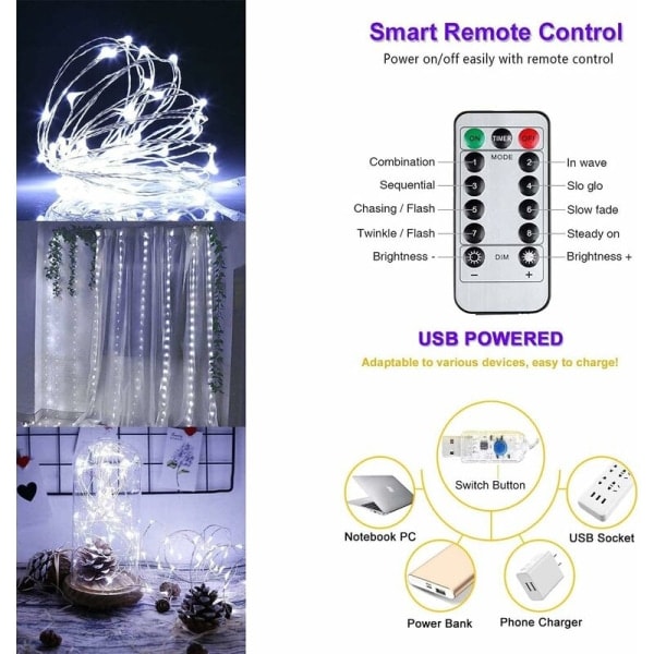 300 LED 8 moduser, fjernkontroll med timer, justerbar lysstyrke, egnet for soverom, hage, fest, bryllupsdekorasjon (transparent hvit??)