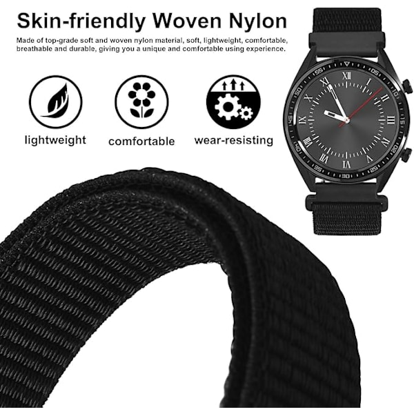 KCVV Klockarmband - Justerbart - Snabbkoppling - Nylon - Ersättningsarmband för Män och Kvinnor - 22mm - Svart