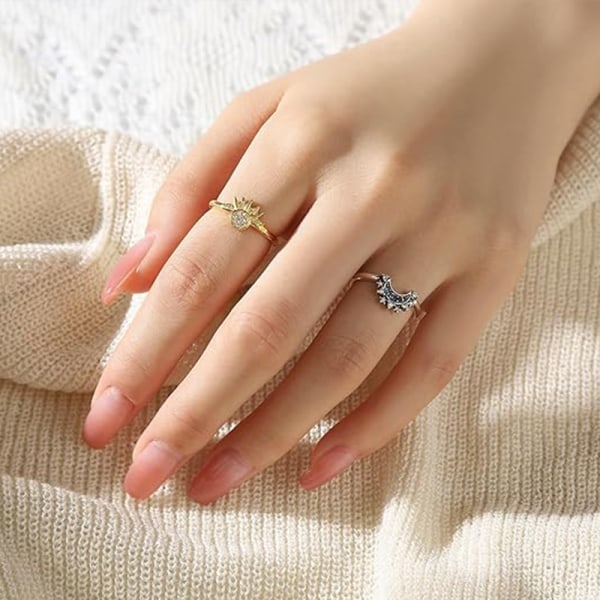 Sol och måne ring set, gnistrande sol måne ring för kvinnor guld 10