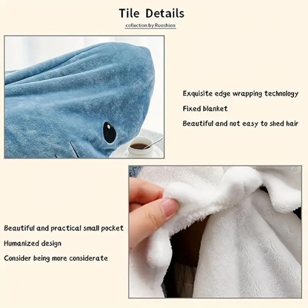 Hajmönstrad filt för vuxna Bärbar hajfilt huvtröja Tecknad djurfilt Söt rolig blå hajflanellhuvtröja filt present till soffa
