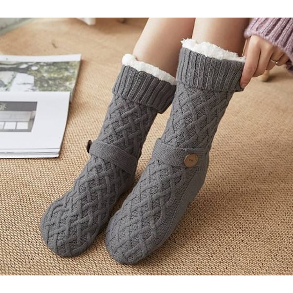 Søde og varme sokker med knap og antislip - FLUFFIGE - One Size MÖRKGRÅ