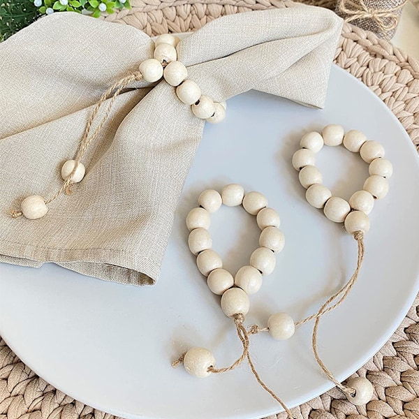 Set of 12 Wooden Bead Napkin Rings Natural Beads