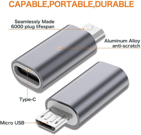 USB-C - Micro-USB -sovitin, (4 kpl) Tyyppi C Naaras - Micro USB Uros Muunninliitin Tukee Latausdatan Synkronointia (Harmaa)-FA-