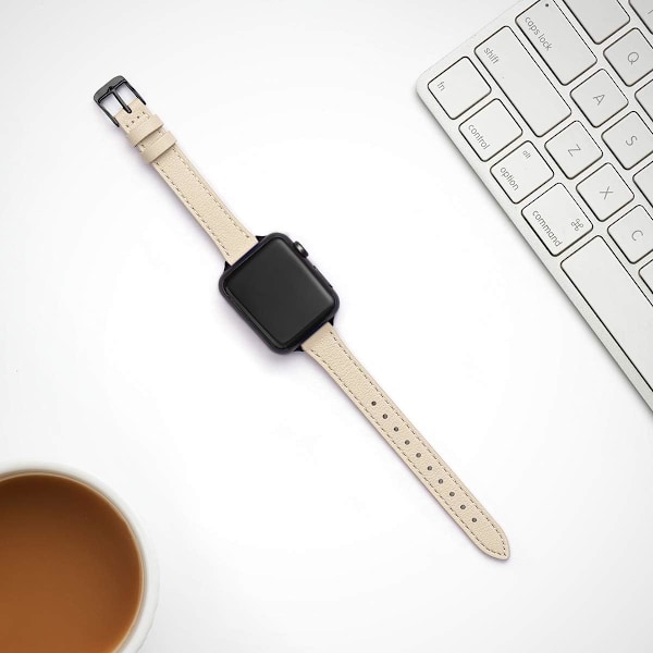 Smal lærreim kompatibel med Apple Watch Band 38 mm Beige med Svart