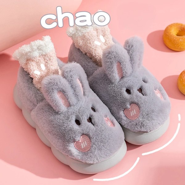 Kanin Tøfler Hjem Kawaii Sko Kvinder Kanin Fluffy Tøfler Vinter Indendørs Sandaler Korte Støvler Grå Gray 40-41