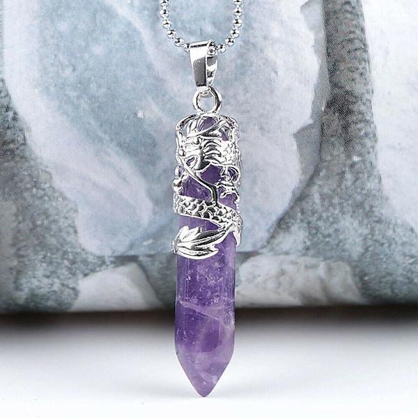 Totem drake formet natursten hexagon hengesmykke Amethyst