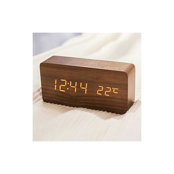 Modern träklocka - LED digital träklocka skrivbordsdatum temperatur fuktighet display 12/24 timmar - för hem, sovrum, kontor (brun)