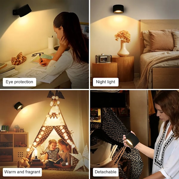 LED-vägglampa, trådlös, dimbar med fjärrkontroll, 360° roterbar, 3 ljusstyrkenivåer, LED-läslampa för inomhusbruk