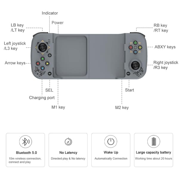 Langaton peliohjain Androidille, iPhonelle, Bluetooth-pelikonsoli Joysticks Samsung Galaxy 22/21/20, iPhone 14/14 Plus/14 Pro/14 Pro Max/13 Pro Max, COD Grey