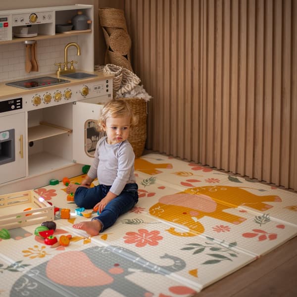 Double-sided foldable foam mat 180 x 120 x 1 cm - Exotic Elephants/Delicate Grey-FA- Elephants