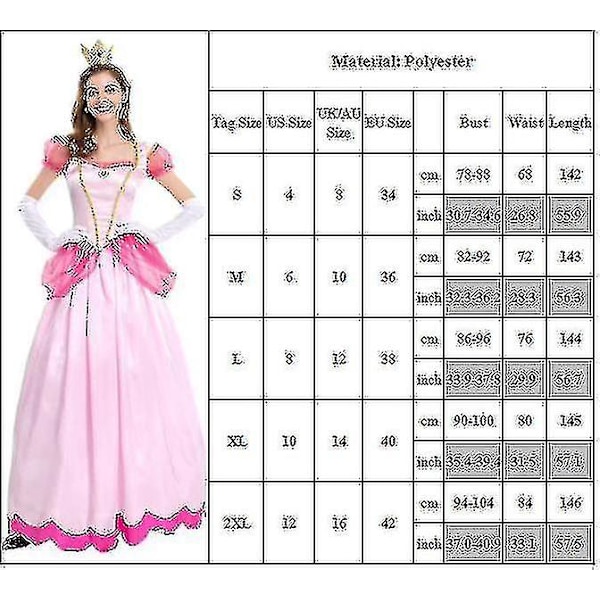 Kvinders Super Mario Peach Cosplay Kostume Rosa Prinsessekjole + Handsker + Hovedbeklædning Outfits Sæt Karneval Fest L