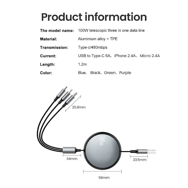 3-i-1 Indragbar Kabel - Lightning, USB-C, Micro USB Lila M Purple m