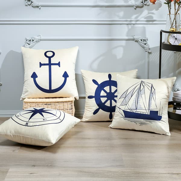 Set of 4 Nautical Pillowcases, Marine Anchor Pattern, 45 x 45-FA-