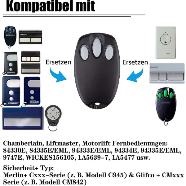 2-pak erstatnings fjernbetjening Chamberlain Liftmaster Motorlift Garagedøråbner 94335e | 84335e | Ml700 | Ml500 | Ml850 | Merlin + C945 | C840