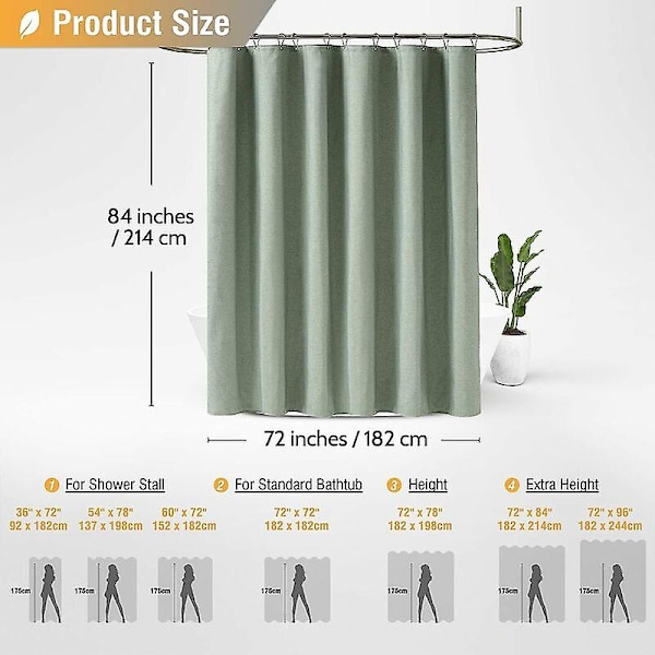 Duschdraperi 180x210cm, Extra lång Sage Green - Linnetexturerat kraftigt tyg Set med 12 plastkrokar, Large Hotel Luxury Single