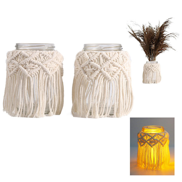 Makramé Lysholder Girlang, 2 stk. Teelys Dekorative Lys, Beige Boho Dekorativ Balkon til Lys og Tørrede Blomster (A)