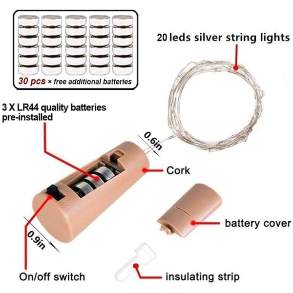 10-pakning med flaskelys, 2m 20 LED korkelys for vinflaske