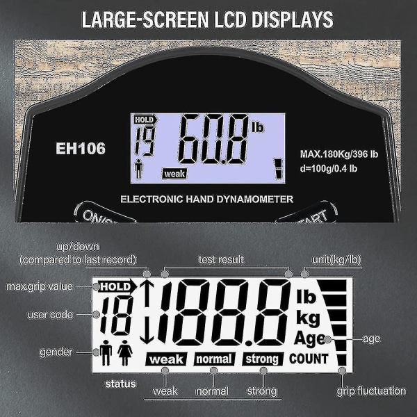 Greppstyrketestare, 396lbs/180kg Digital Hand Dynamometer Greppstyrkemätare USB LCD-skärm Hand