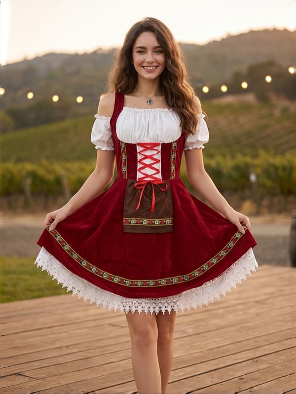Dame Dirndl Kjole Oktoberfest Bayersk Kostume til Festival og Karneval S Red