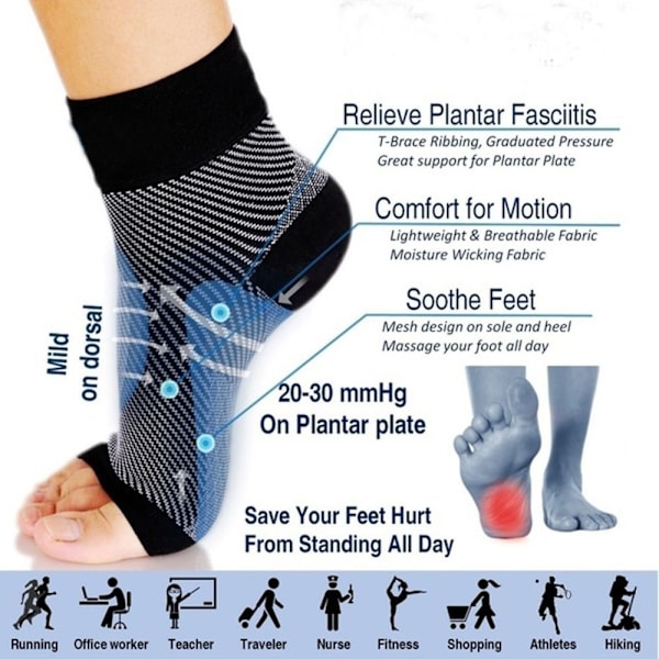 2 par fotstrømper Plantar Fasciitis kompresjonsstrømper L/XL