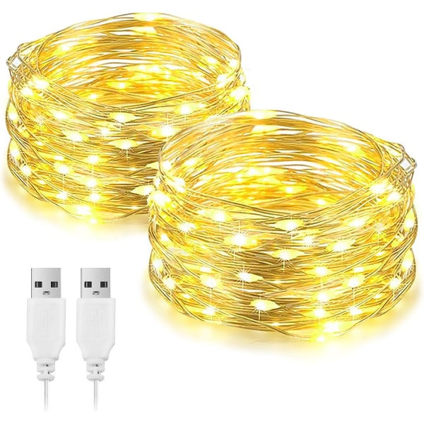 2-pack 10 m LED-slingor, USB-drivna, 100 LED silvertråd, dekorativa ljusslingor, för sovrum, vägg, julfest, bröllop, födelsedag, uteplatsdekoration, varmvit