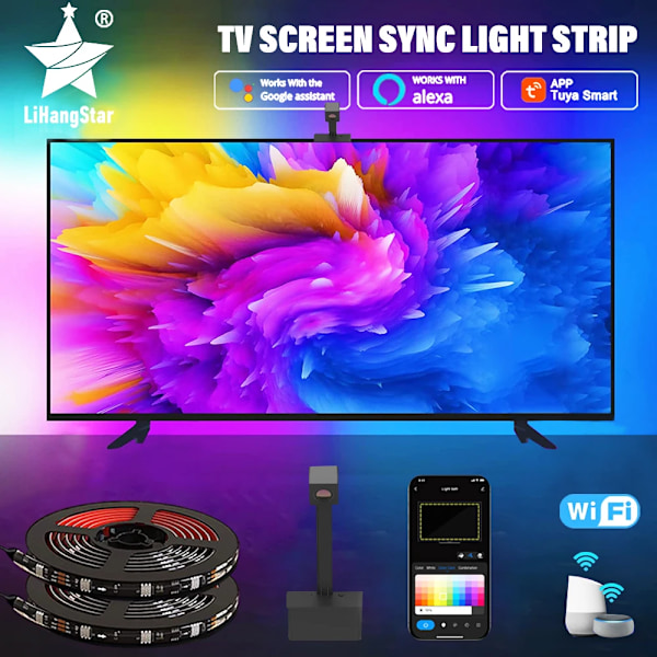 RGBIC LED-ljusremsa Kamera TV-skärm Synkronisering WiFi APP Musiksynkronisering Spel Sovrum TV Bakgrundsbelysning Ambient Ljus 5 m (lämplig för 65-75 tum)