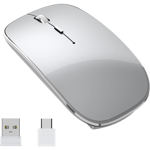 Trådløs mus, oppladbar, bærbar, stille trådløs mus, USB og Type-C, dobbel modus, trådløs mus, 3 justerbar DPI for bærbar PC, Mac, PC