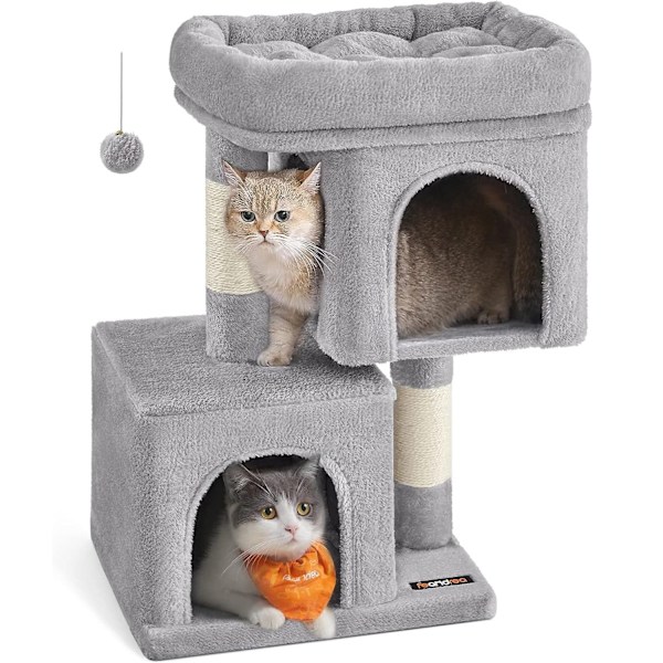 Feandrea klösträd, 67 cm kattorn, stor kattplats, 2 kattgrottor, klösstolpar, ljusgrå
