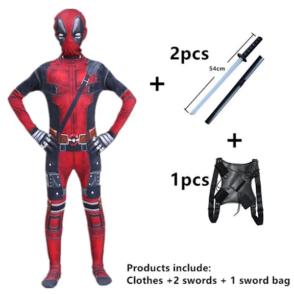 Deadpool Kostume Superhelt Cosplay Kostume Superhelt Børne Jumpsuit 3D Stil Halloween Cosplay Kostume Sværd Taske-Xin 6 6 100CM