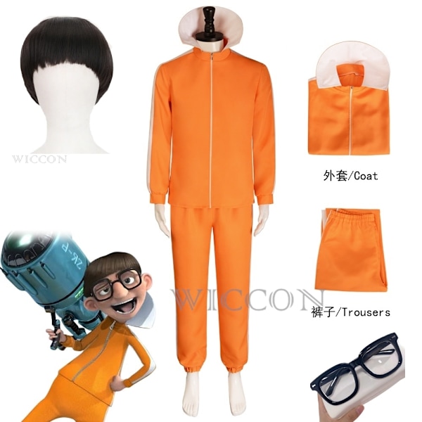 Elokuva Vektor Cosplay-asu Oranssit Takki Housut Lasit Asusarja Sieni Peruukki Halloween Maskaraattiasusetti Juhlasetti L-WELLNGS L L Costume wig glasses