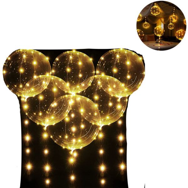 6 stk. LED-lysbobler, klare varmhvide heliumballoner, strin