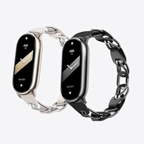 Kompatibelt med Xiaomi Mi Band 8 Armband, Ersättningsarmband Öppen Design Rostfritt Stål Ring Läderkedja Bälte Andningsbart Elegant Armband för Dam Black