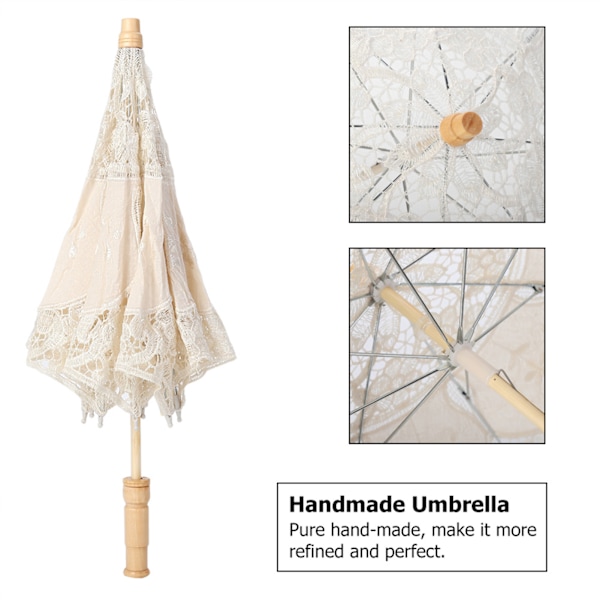 Håndlavede blondeblomstbroderier Parasol Bryllup Brud Fotografi Paraply Beige L