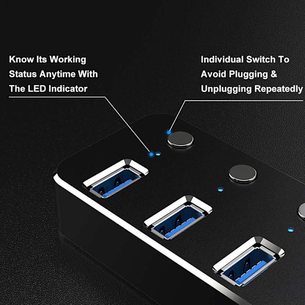 7-porttinen USB 3.0 -keskitin, USB-keskitin USB-sovitin virtakytkimellä