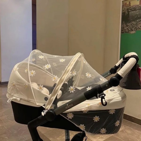 Myggnät för barnvagn, full täckning för baby, prästkragebroderi